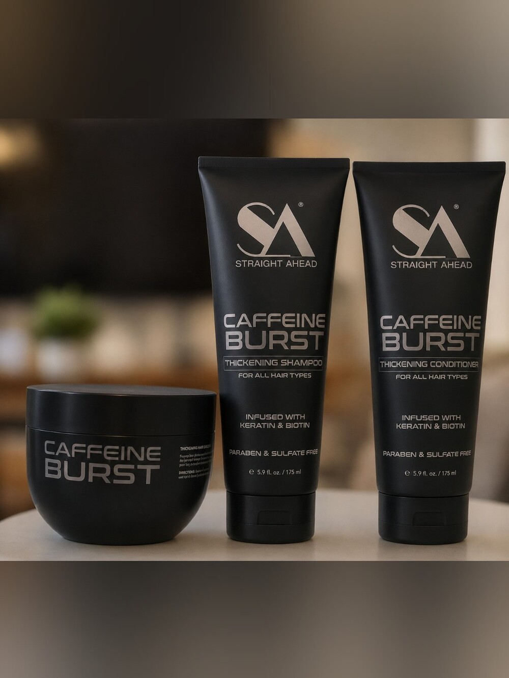 Straigt Ahead Caffeine Burst Thickening Shampoo, Conditioner and Mask